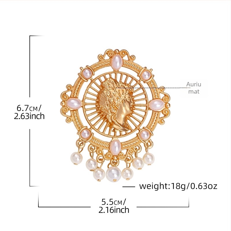Broșă cu perlă, portret rotund reliefat, stil retro, accesoriu elegant pentru haine