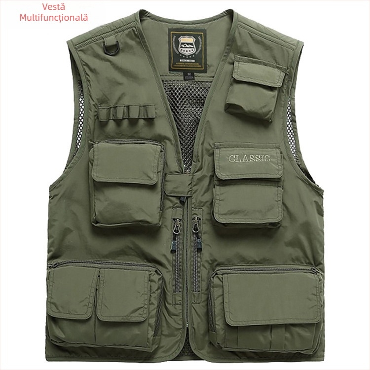 Vesta de lucru pentru exterior, bărbați, cu multe buzunare, uscare rapidă, stil casual