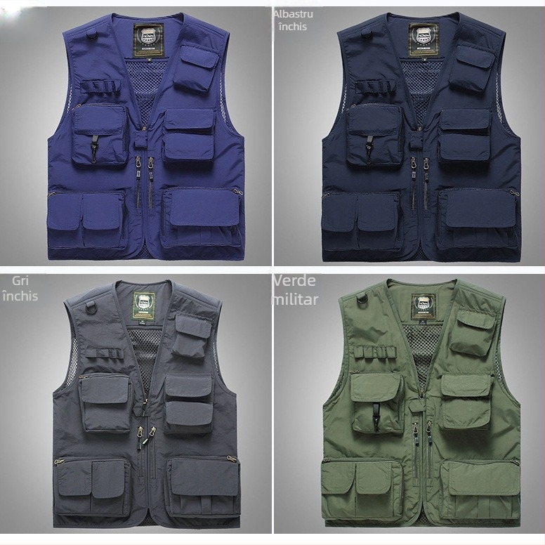 Vesta de lucru pentru exterior, bărbați, cu multe buzunare, uscare rapidă, stil casual