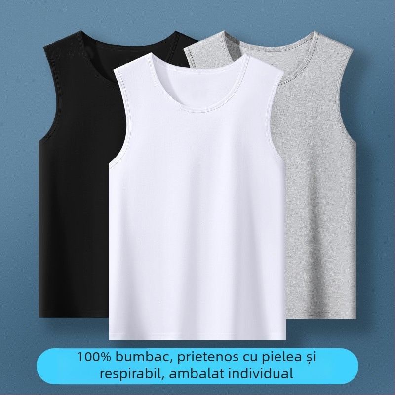 Maiou alb pentru bărbați din bumbac 100%, fără mâneci, umeri largi, croială lejeră, tricou de vară