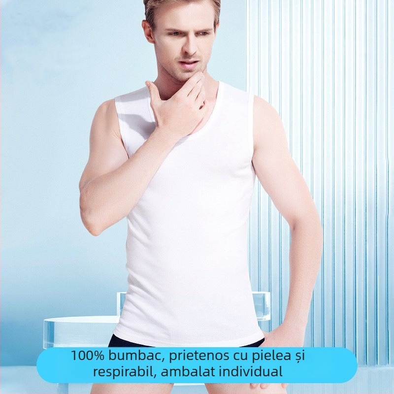 Maiou alb pentru bărbați din bumbac 100%, fără mâneci, umeri largi, croială lejeră, tricou de vară