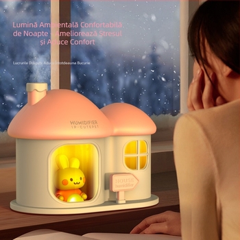 Umidificator USB în formă de căsuță mică, cu două duze — iluminare ambientală, umidificator decorativ pentru casă