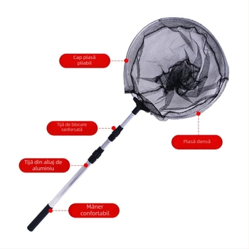 Plasă de pescuit din aliaj de aluminiu, cu tijă telescopică și cap pliabil