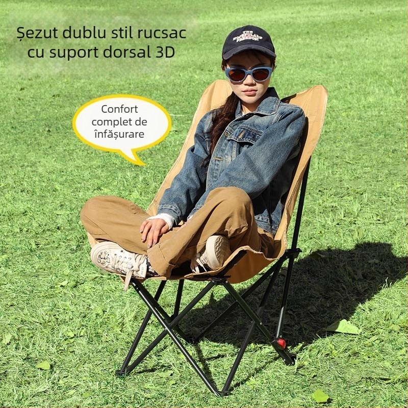 Scaun Moon pliabil exterior – recliner pentru camping, pescuit și plajă; șezut și întins cu dublă funcție, potrivit pentru schițe de artă.