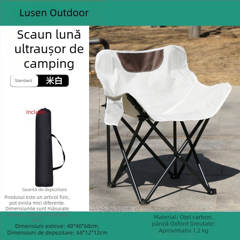 Scaun Moon pliabil exterior – recliner pentru camping, pescuit și plajă; șezut și întins cu dublă funcție, potrivit pentru schițe de artă.