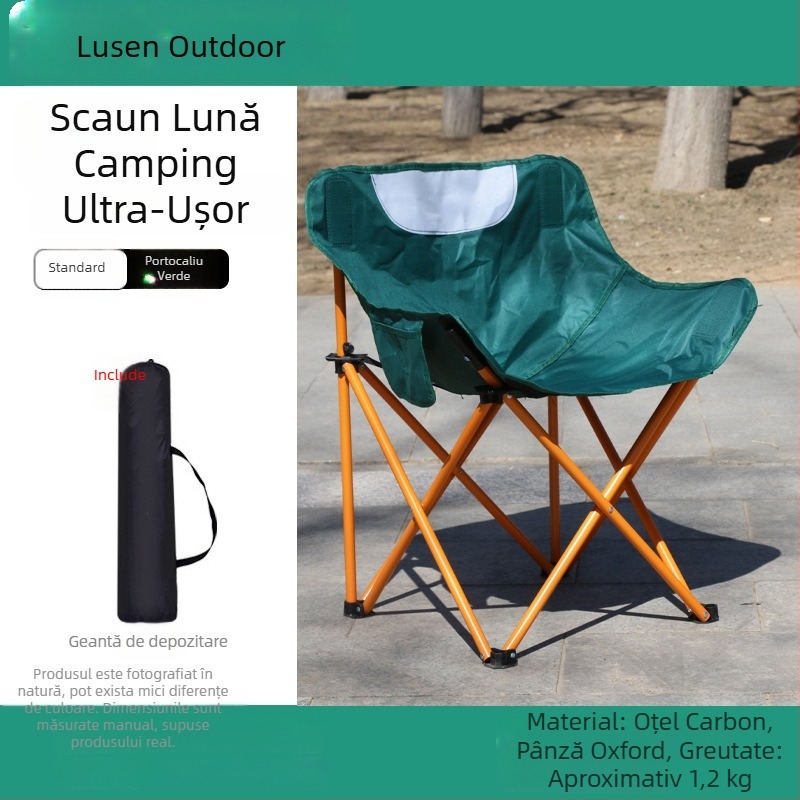 Scaun Moon pliabil exterior – recliner pentru camping, pescuit și plajă; șezut și întins cu dublă funcție, potrivit pentru schițe de artă.