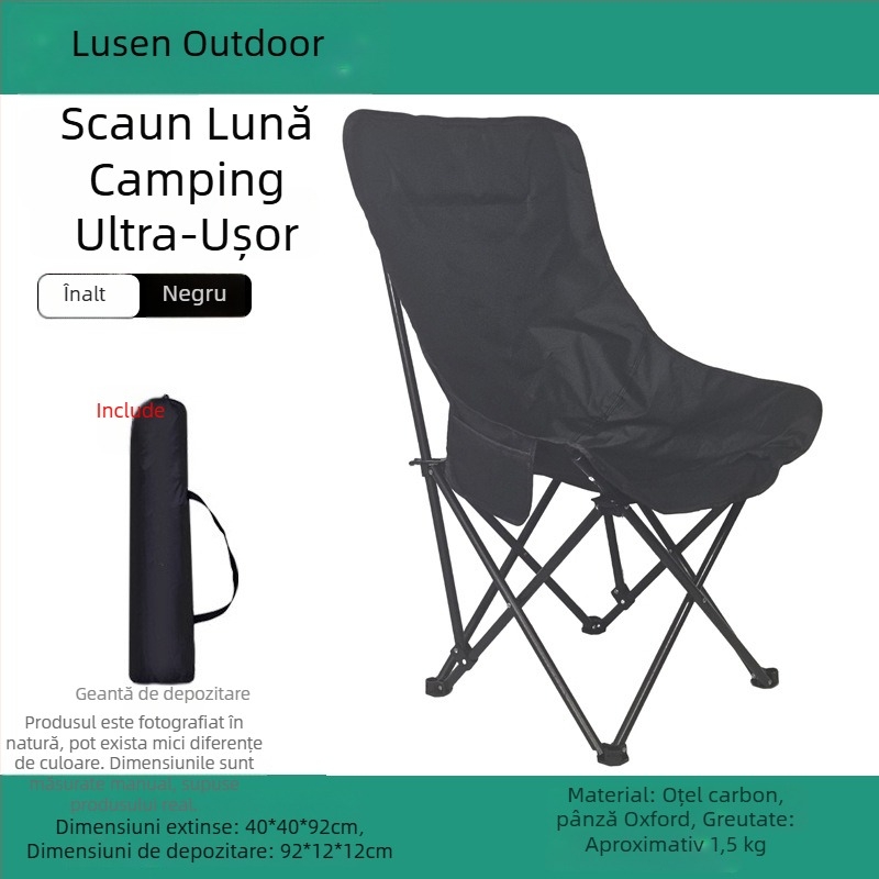 Scaun Moon pliabil exterior – recliner pentru camping, pescuit și plajă; șezut și întins cu dublă funcție, potrivit pentru schițe de artă.