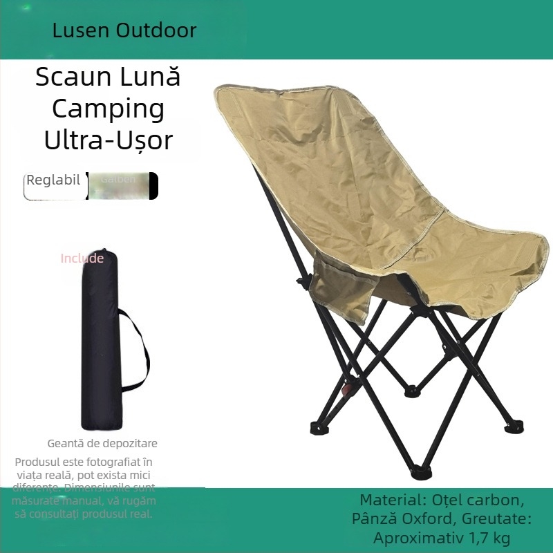 Scaun Moon pliabil exterior – recliner pentru camping, pescuit și plajă; șezut și întins cu dublă funcție, potrivit pentru schițe de artă.