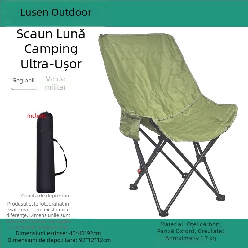 Scaun Moon pliabil exterior – recliner pentru camping, pescuit și plajă; șezut și întins cu dublă funcție, potrivit pentru schițe de artă.