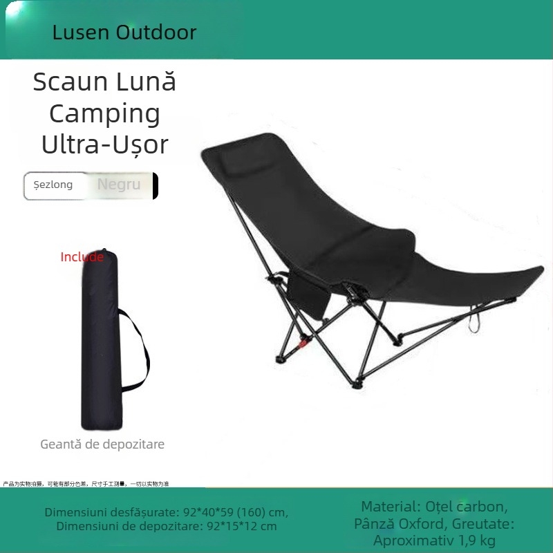 Scaun Moon pliabil exterior – recliner pentru camping, pescuit și plajă; șezut și întins cu dublă funcție, potrivit pentru schițe de artă.
