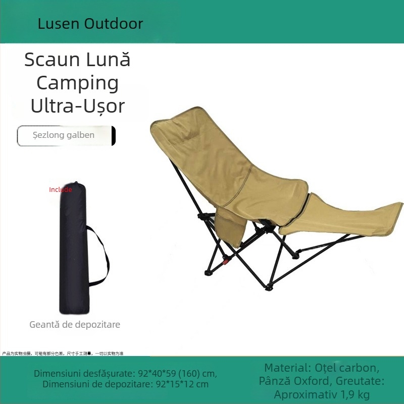 Scaun Moon pliabil exterior – recliner pentru camping, pescuit și plajă; șezut și întins cu dublă funcție, potrivit pentru schițe de artă.