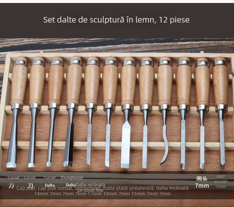 Set de 12 unelte de lemn pentru sculptură în lemn pentru mobilier și sculptură în rădăcini, în cutie din lemn