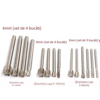 Set unelte lemn din oțel alb: freză pentru caneluri, cuțit pentru sculptură, cuțit de cioplire, cuțit de decojit, instrument pentru rădăcini și curățare a bazei