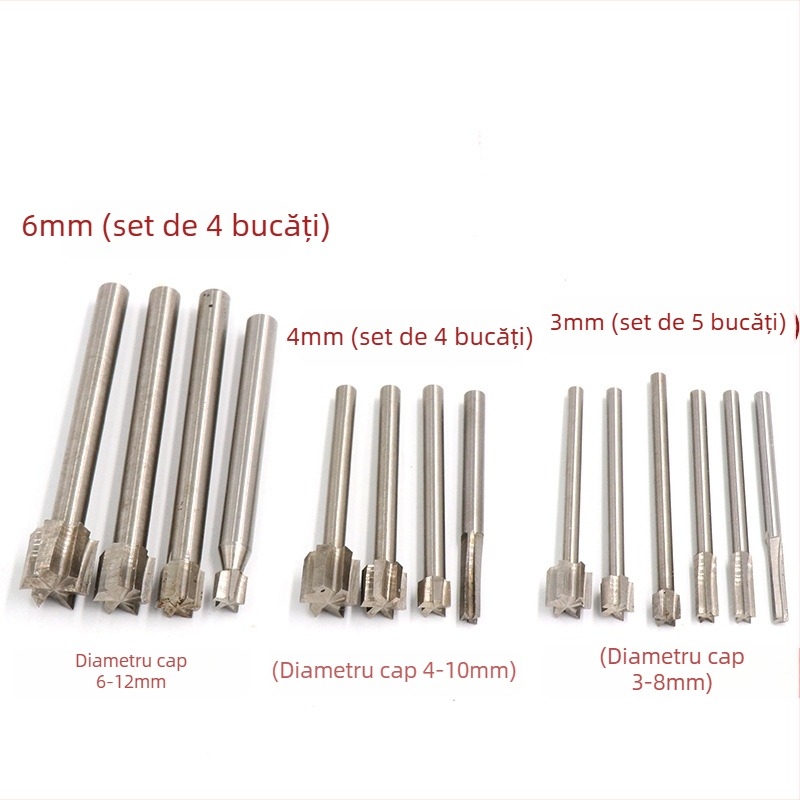 Set unelte lemn din oțel alb: freză pentru caneluri, cuțit pentru sculptură, cuțit de cioplire, cuțit de decojit, instrument pentru rădăcini și curățare a bazei