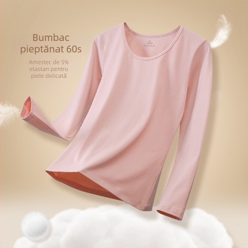 Tricou de bază feminin din bumbac periat, subțire, culoare solidă, guler rotund, mâneci lungi, termic, toamnă-iarna 2024
