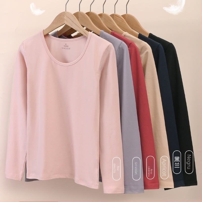 Tricou de bază feminin din bumbac periat, subțire, culoare solidă, guler rotund, mâneci lungi, termic, toamnă-iarna 2024