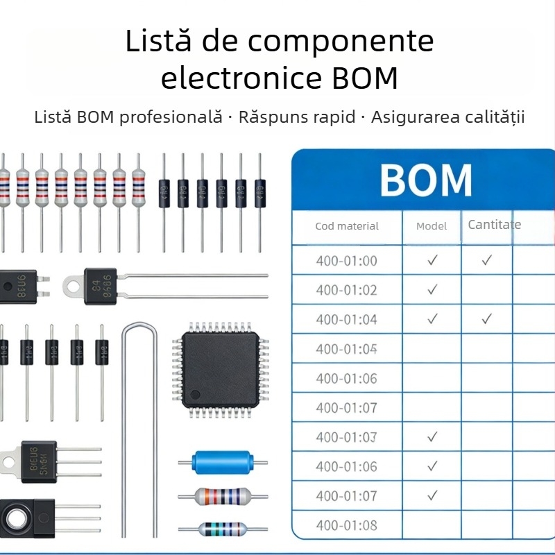 Componente electronice: listă BOM pentru diode, cipuri IC, tranzistori MOS, rezistențe și condensatoare — achiziție într-un singur loc