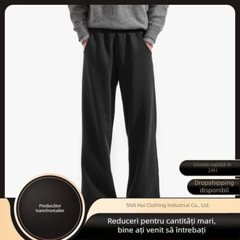 Pantaloni trening negri pentru bărbați, stil american, casual, croială dreptunghiulară, largi, alungesc silueta, croială lejeră în stil japonez