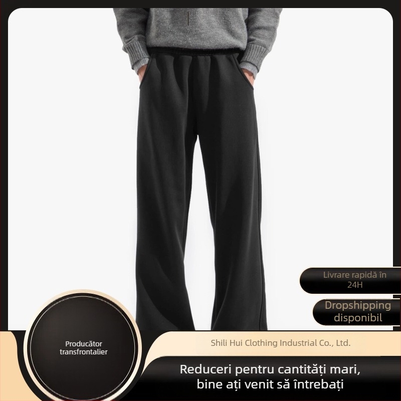 Pantaloni trening negri pentru bărbați, stil american, casual, croială dreptunghiulară, largi, alungesc silueta, croială lejeră în stil japonez