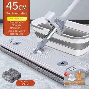 2025 Mop plat fără atingere cu rezervor de lichid pentru uz casnic – microfibră, mâner din oțel inoxidabil, tijă de ridicare, mecanism de stoarcere prin alunecare