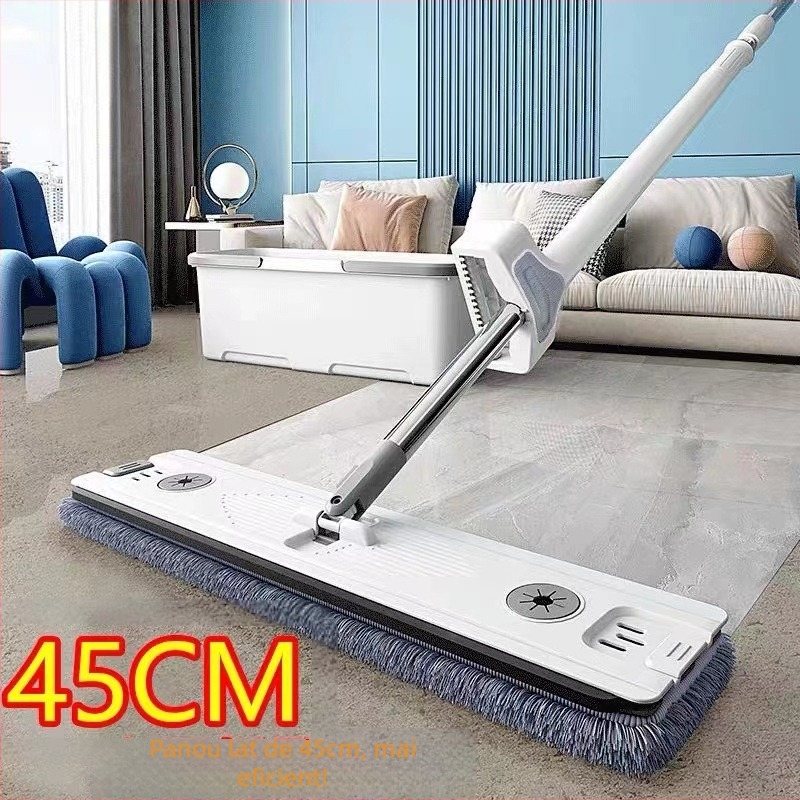 2025 Mop plat fără atingere cu rezervor de lichid pentru uz casnic – microfibră, mâner din oțel inoxidabil, tijă de ridicare, mecanism de stoarcere prin alunecare
