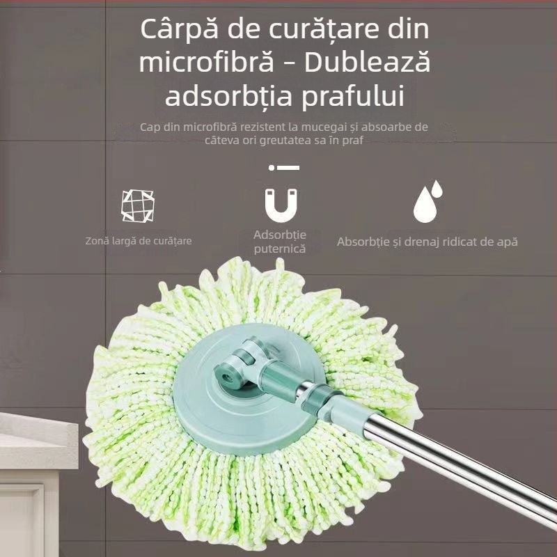 Mop cu tijă rotativă din oțel inoxidabil, pentru uz umed și uscat – stoarcere prin învârtire