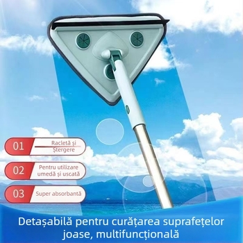 Mop triunghiular universal pentru curățarea prafului de pe tavan și pereții bucătăriei, cu tijă telescopică extinsă