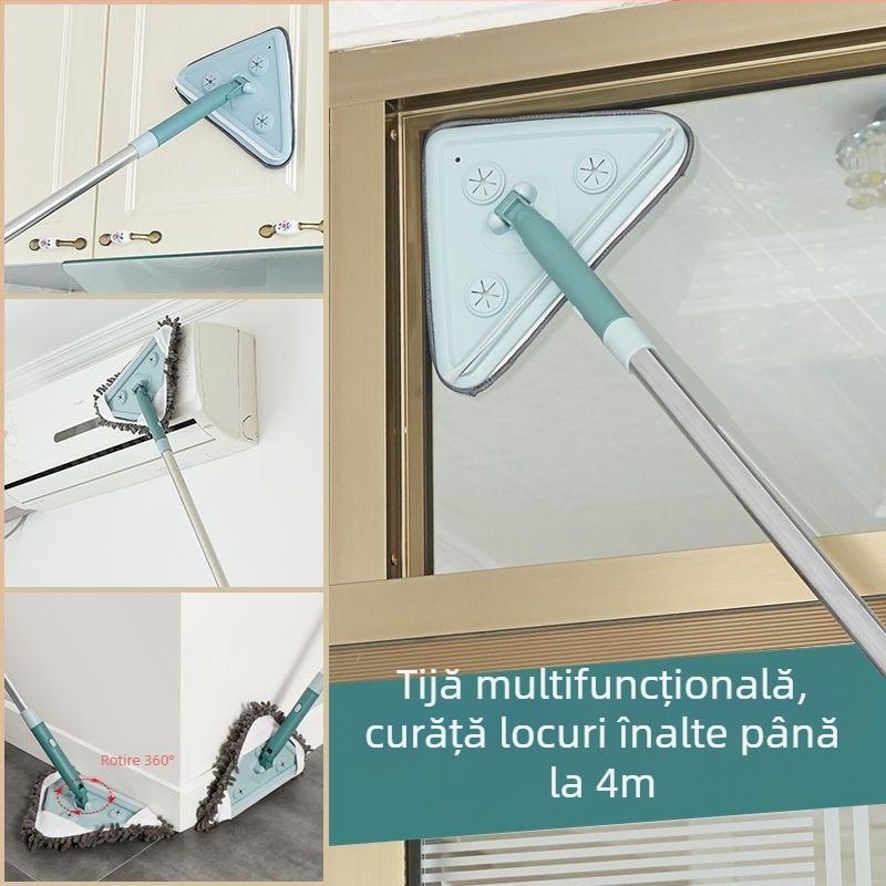 Mop triunghiular universal pentru curățarea prafului de pe tavan și pereții bucătăriei, cu tijă telescopică extinsă
