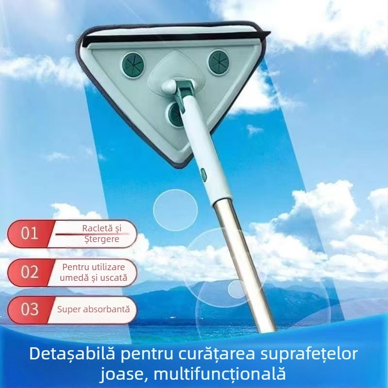 Mop triunghiular universal pentru curățarea prafului de pe tavan și pereții bucătăriei, cu tijă telescopică extinsă