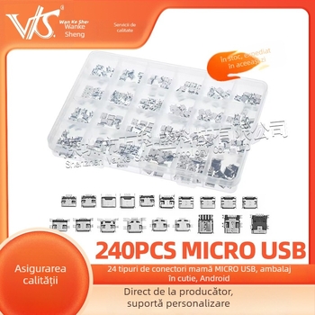 240 de conectori Micro USB femeli, 24 tipuri, în cutie, interfață Micro USB