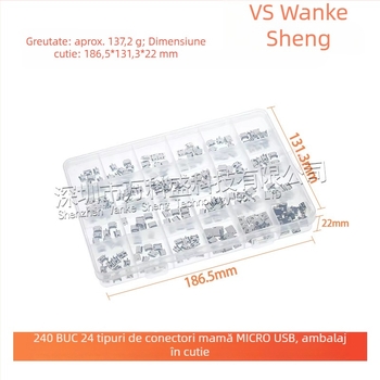 240 de conectori Micro USB femeli, 24 tipuri, în cutie, interfață Micro USB