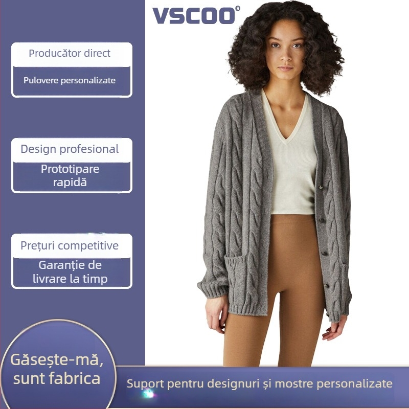 Cardigan din lână amestec cu tricot cablu, stil italian Old Money, pentru toamnă‑iarnă, elegant