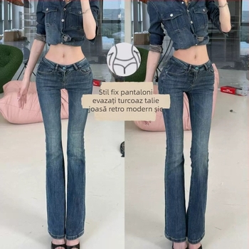 Blugi din denim albastru vintage pentru femei, talie joasă, croială Slim, uzură ușoară, aspect uzat, lungime până la podea