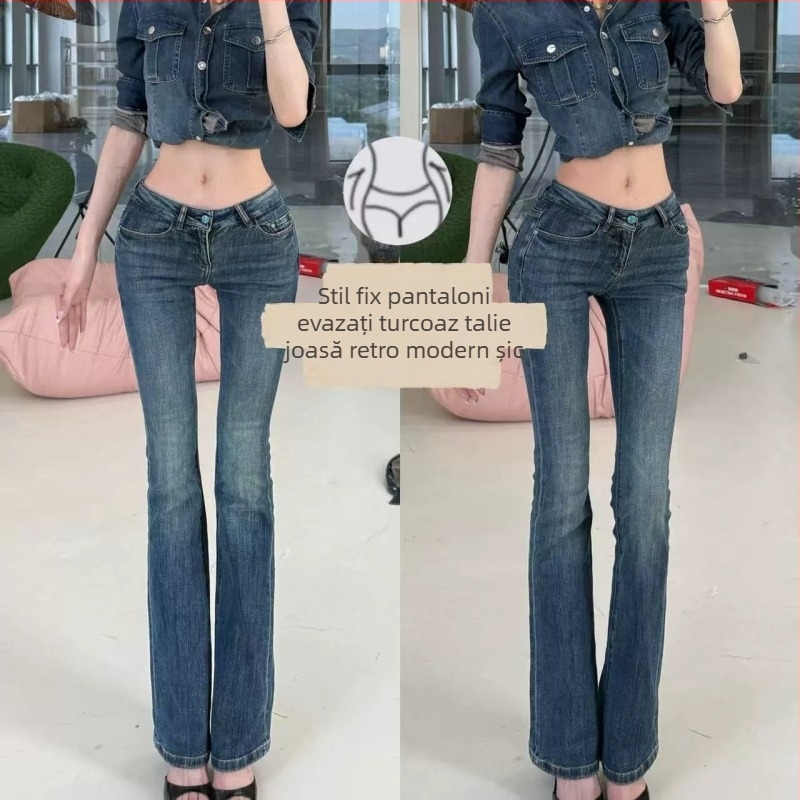 Blugi din denim albastru vintage pentru femei, talie joasă, croială Slim, uzură ușoară, aspect uzat, lungime până la podea
