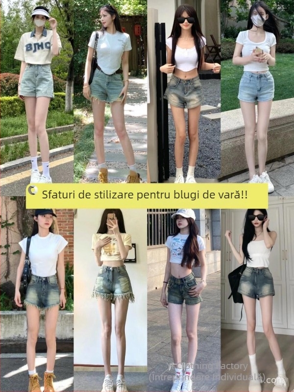 Shorti de damă din denim cu talie înaltă, stil american retro, slim, croială dreaptă, versatil, street style