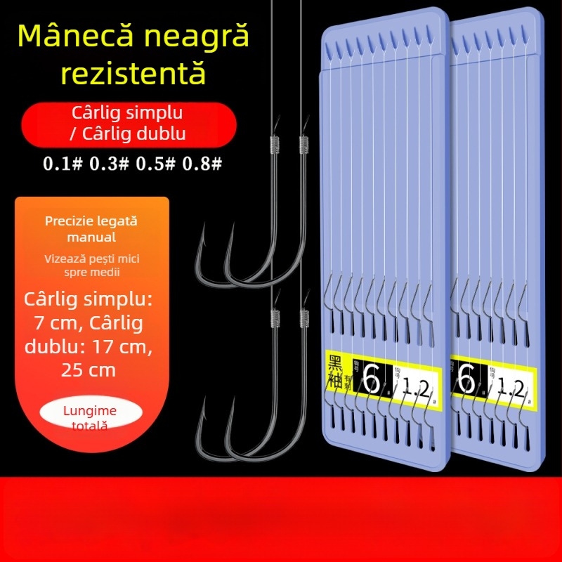 Lider scurt de pescuit în aer liber cu două cârlige, manșon negru, gata de utilizare, anti-încurcare, cu sau fără vârfe