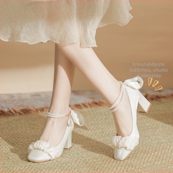 Pantofi Mary Jane pentru femei, vârf pătrat, toc gros 6–8 cm, partea superioară din satin, panglică, confortabili, mărime largă