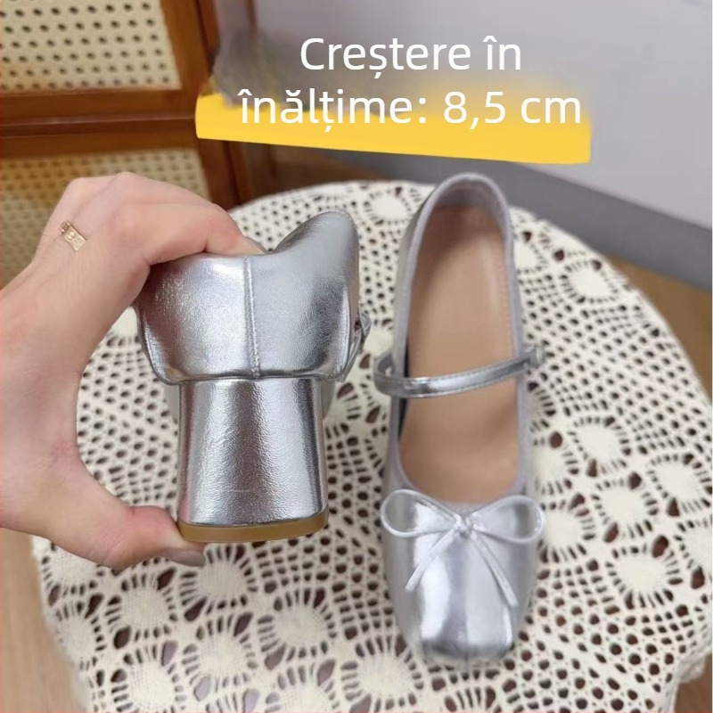 Pantofi Mary Jane argintii cu creștere internă de 9 cm, pantofi femei cu toc gros, stil balerină, mărimea 33