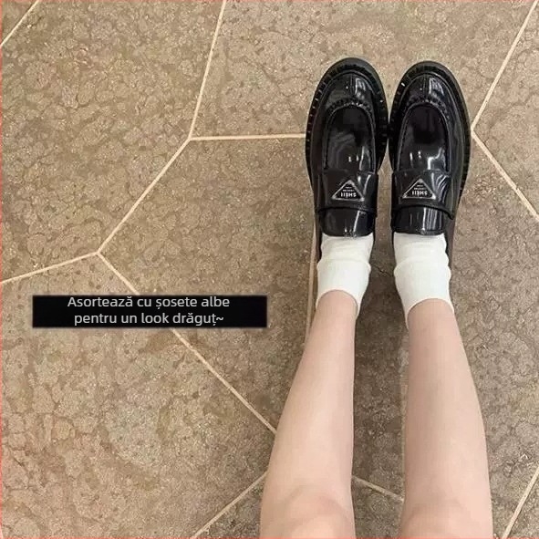 Loafers femei cu talpă groasă și toc mic, vârf rotund, suprafață din piele, pantofi casual versatili cu logo triunghiular
