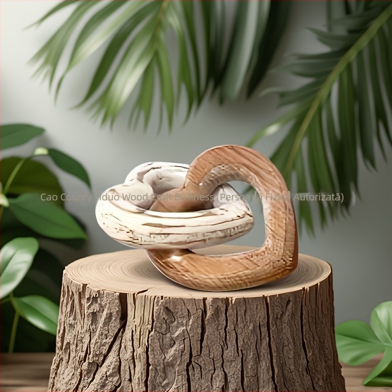 Sculptură de lemn în formă de inimă, cu lanț, stil rustic, decor pentru birou