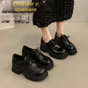 Pantofi loafer negri pentru femei, talpă groasă, șiret, lățime mare, mărime plus