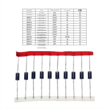 Set de 200 bucăți: 14 tipuri de diode, diode cu recuperare rapidă și diode rectificatoare, inclusiv 1N5819 și 5408.
