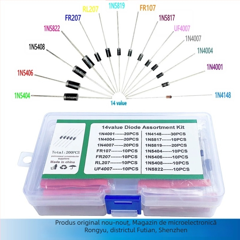 Set de 200 bucăți: 14 tipuri de diode, diode cu recuperare rapidă și diode rectificatoare, inclusiv 1N5819 și 5408.
