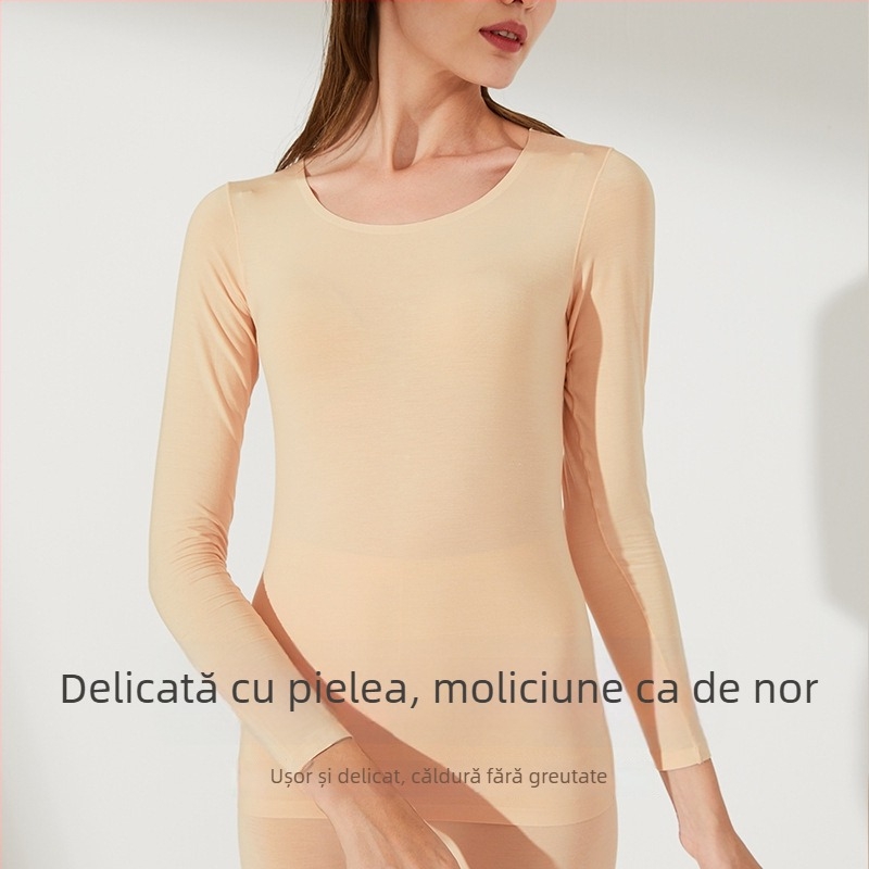 Tricou termic subțire pentru femei, cu elasticitate mare, mâneci lungi, guler rotund, cald