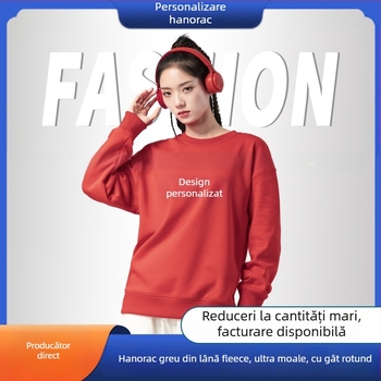 Pulover din fleece greu cu logo brodat personalizat, guler rotund, mâneci lungi, croială lejeră, buzunar patch tridimensional
