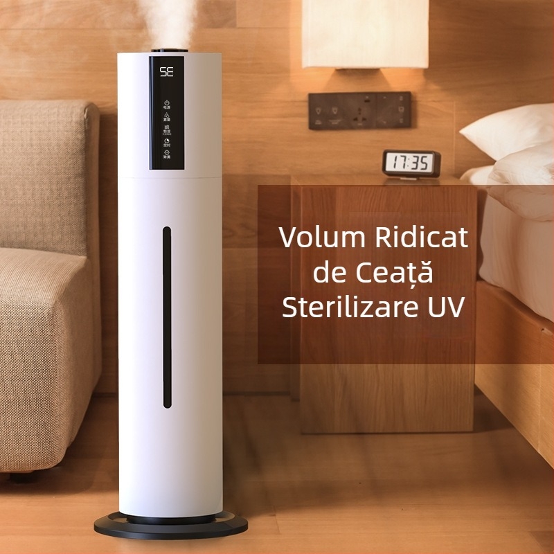 Umidificator ultrasonic de podea pentru uz casnic, silențios, capacitate mare 6,1–10 L, 1 ieșire de ceață, telecomandă, temporizator peste 8 ore, protecție la lipsa apei și întrerupere de curent
