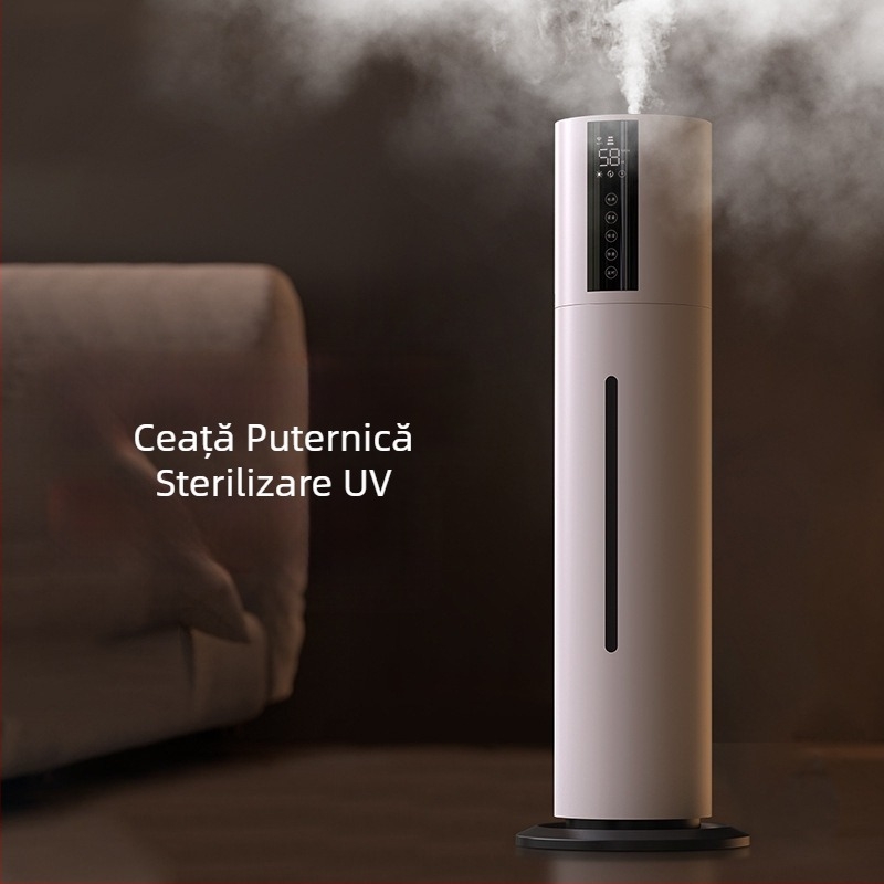 Umidificator ultrasonic de podea pentru uz casnic, silențios, capacitate mare 6,1–10 L, 1 ieșire de ceață, telecomandă, temporizator peste 8 ore, protecție la lipsa apei și întrerupere de curent
