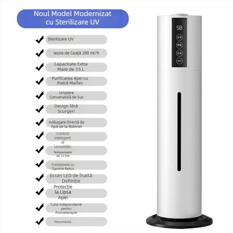 Umidificator ultrasonic de podea pentru uz casnic, silențios, capacitate mare 6,1–10 L, 1 ieșire de ceață, telecomandă, temporizator peste 8 ore, protecție la lipsa apei și întrerupere de curent