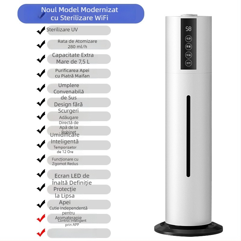 Umidificator ultrasonic de podea pentru uz casnic, silențios, capacitate mare 6,1–10 L, 1 ieșire de ceață, telecomandă, temporizator peste 8 ore, protecție la lipsa apei și întrerupere de curent