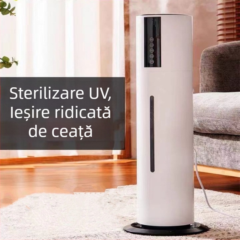 Umidificator ultrasonic de podea pentru uz casnic, silențios, capacitate mare 6,1–10 L, 1 ieșire de ceață, telecomandă, temporizator peste 8 ore, protecție la lipsa apei și întrerupere de curent